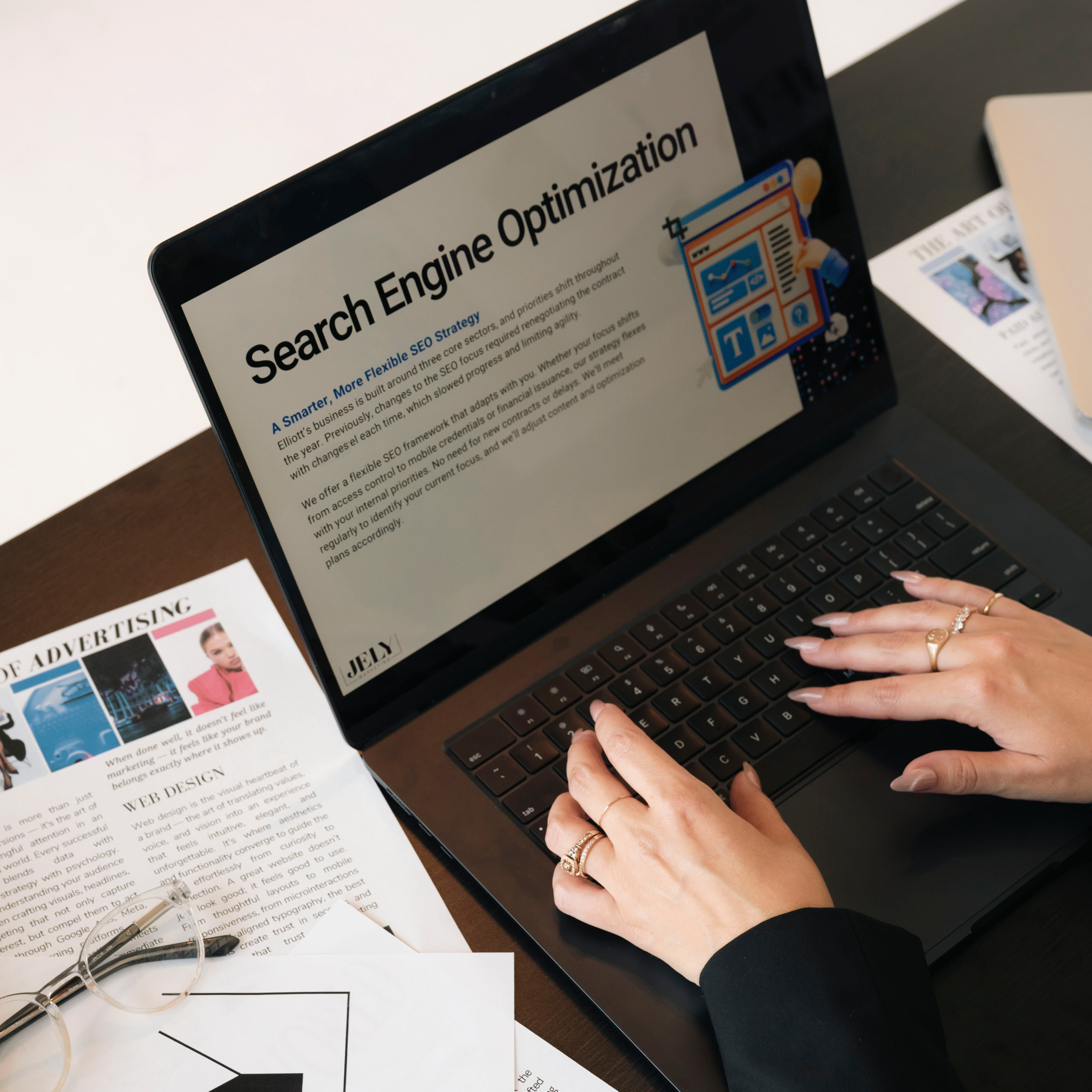 COO, Lydia Diaz working on a presentation that relays the value of SEO Services