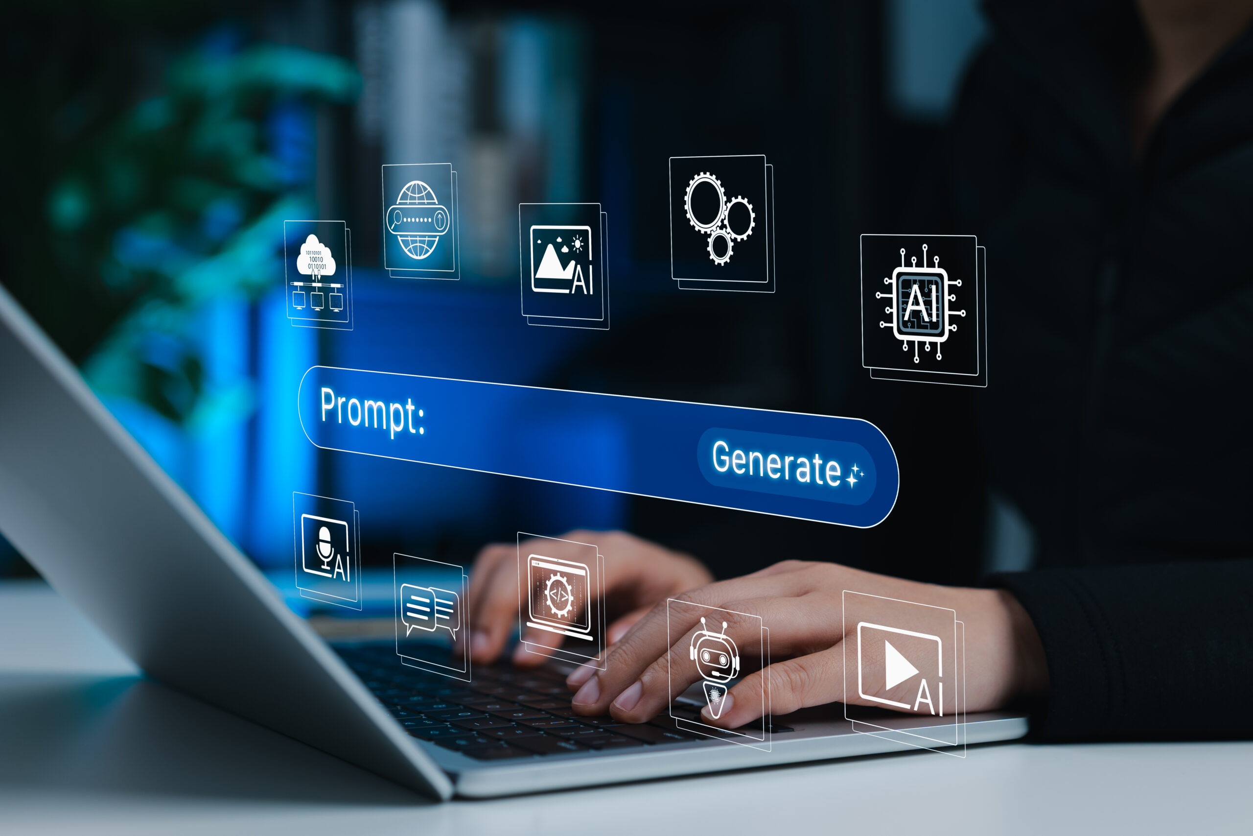 Prompt Engineering and AI Content Generation Concept. Person using laptop with prompt, AI, media, chatbot, and automation icons representing content creation, smart generation, and digital workflow